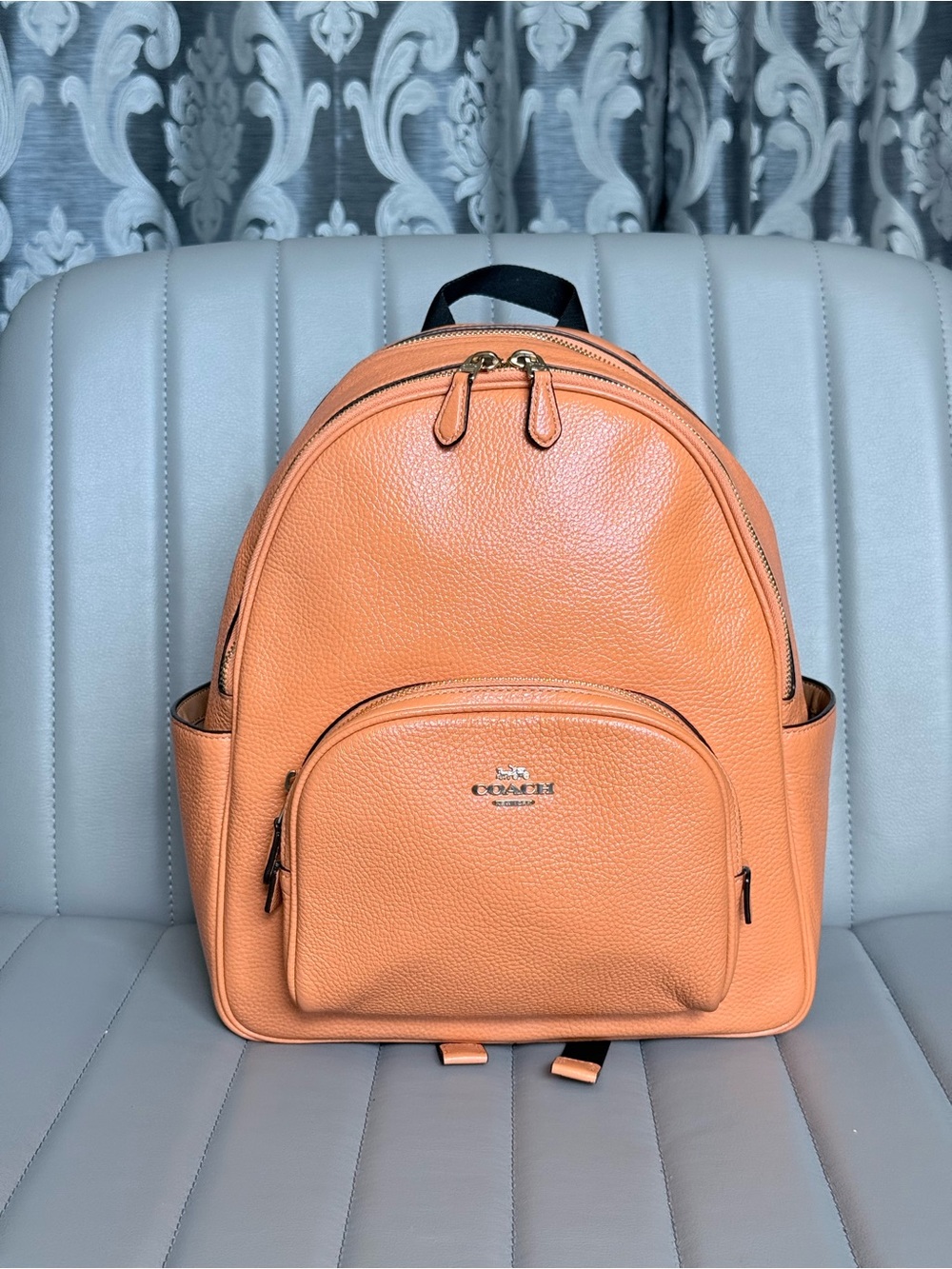 Coach Full Size Court Pebbled Leather Backpack Pumpkin Orange Rare NWOT